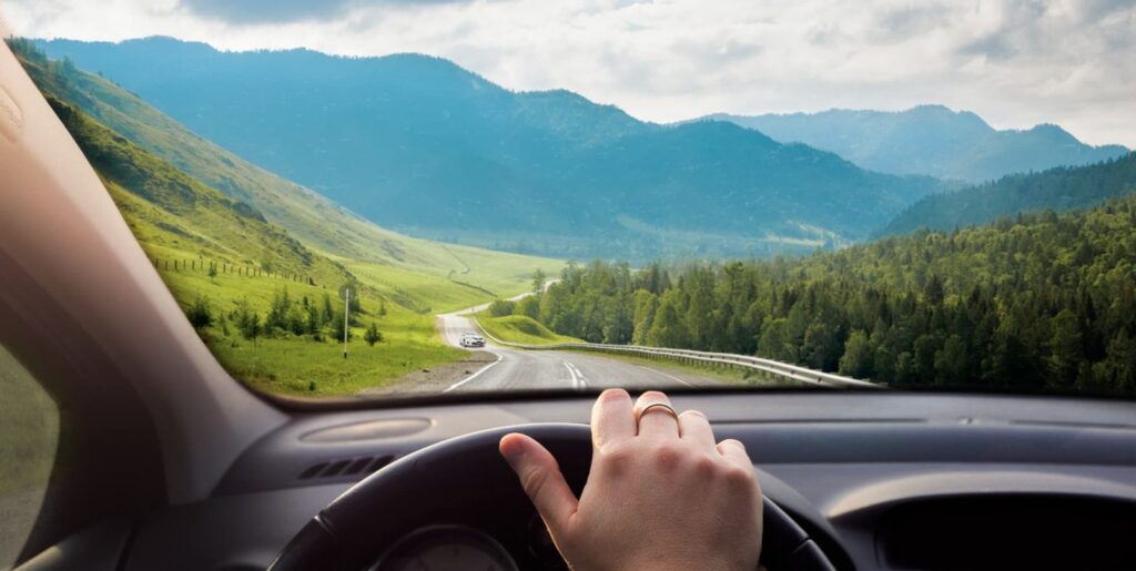 Blick durch die Windschutzscheibe am Tag: kurvige Bergstraße, entgegenkommendes Auto, Wiesen und Wald