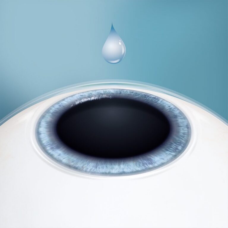 Illustration: Ein Tropfen fällt auf das Auge, die Pupille ist weit gestellt